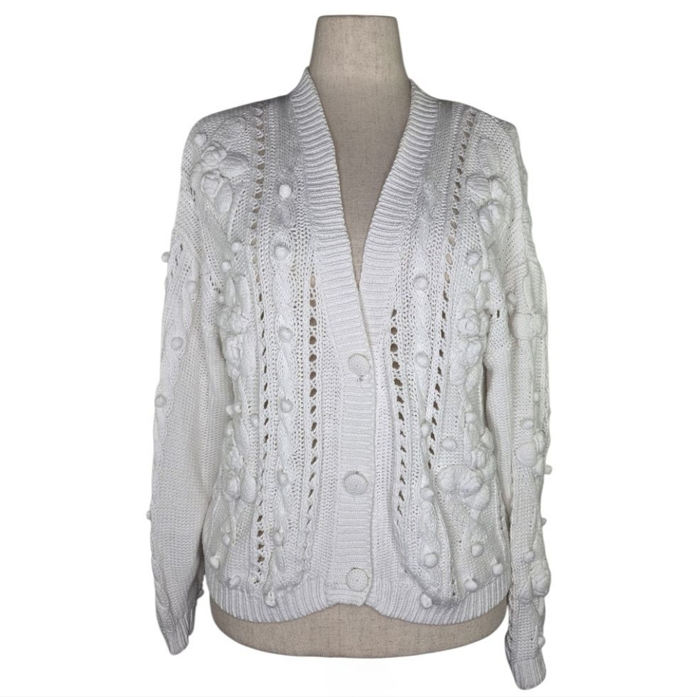 Vintage Rebecca Stone 3D Floral Ramie Cotton Cable Knit Cardigan Sweater L